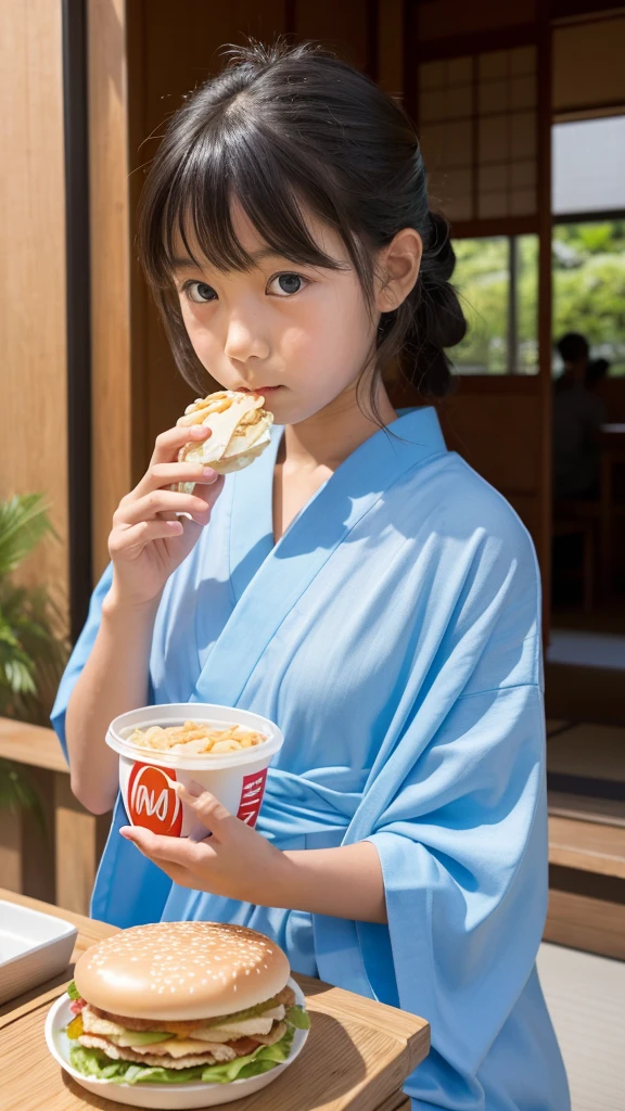 11 year old girl　Japanese　Light blue yukata　Realistic Skin　Bigeyes　Eating a Big Mac　フライドポテトを食べている