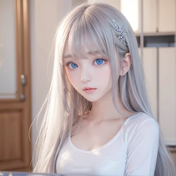silver shiny hair、Super long straight silky hair、Dazzling blonde super long silky hair、16 years old cute little beautiful face、A beautiful girl、Sparkling blonde dancing in front of a pretty face、Long, silky bangs that cover the space between the eyes、Very beautiful, bright, large, light blue eyes、Very big eyes、Hair that hides the face、Sexy pretty young woman with super long bangs、Very white skin、Cheek gloss highlighter、Small Face Beauty、Round face、Cute Shirts、Ample Bust, embarrassed face、Skinny jeans and t-shirt、