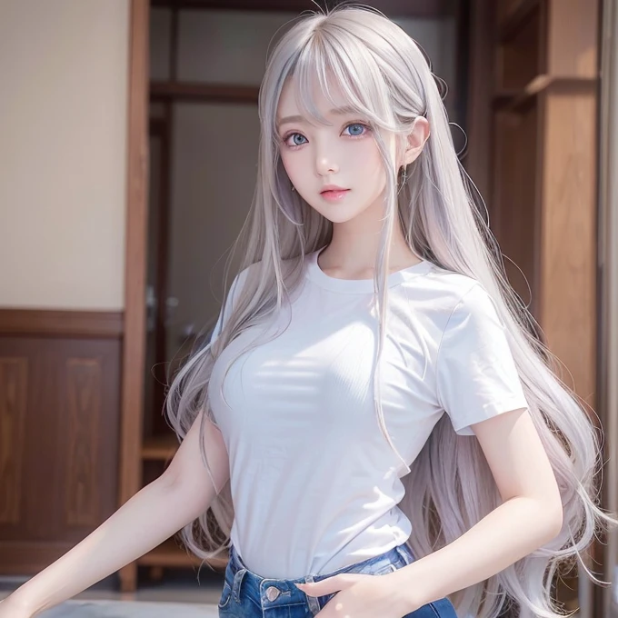 silver shiny hair、Super long straight silky hair、Dazzling blonde super long silky hair、16 years old cute little beautiful face、A beautiful girl、Sparkling blonde dancing in front of a pretty face、Long, silky bangs that cover the space between the eyes、Very beautiful, bright, large, light blue eyes、Very big eyes、Hair that hides the face、Sexy pretty young woman with super long bangs、Very white skin、Cheek gloss highlighter、Small Face Beauty、Round face、Cute Shirts、Ample Bust, embarrassed face、Skinny jeans and t-shirt、