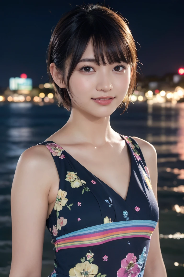 1 Girl, (Wearing a rainbow dress:1.2), (Supercluster), Very beautiful Japanese idol portraits, (RAW Photos, Highest quality), (Realistic, Realistic:1.4), (masterpiece), Very delicate and beautiful, Very detailed, 2k wallpaper, wonderful, finely, Very detailed CG Unity 8K wallpaper, Very detailed, High resolution, Soft Light, Beautiful detailed girl, Very detailed目と顔, Beautiful and sophisticated nose, Beautiful and beautiful eyes, Cinema Lighting, (Fashion magazine photography:1.3), (Outdoor), (night lighting), (Waterfront), (short hair), Complete Anatomy, Slender body, Small breasts, smile