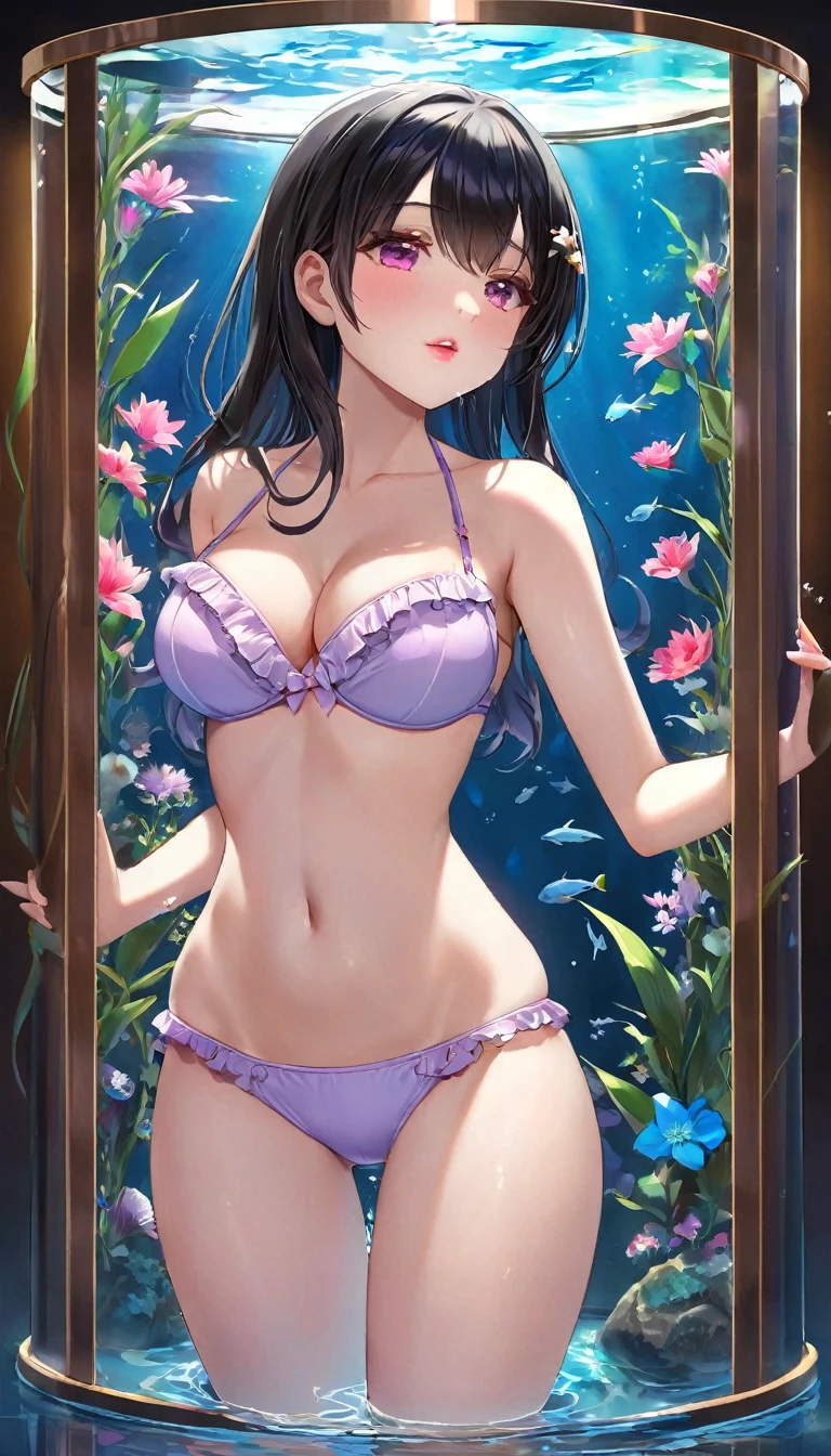 {{{{{16k}}}}}, {{{{{Unique atmosphere in the middle of the transition from girl to sexy woman, transforming a Japanese girl with a cutely pussy into her facial rank to the SSS rank of top-notch pretty actresses, She's in a cylindrical aquarium filled with female hormone fluid with a control panel that allows her to change the shape and appearance and personality of the girl inside at will, The oil of glowing flowers is poured into the aquarium and she is turned into a beautiful herbarium, When the control panel under the aquarium was adjusted to a sexy beautiful big-breasted with tight cleavage slender underbusted personality girl her appearance changed to a beautiful erotic and gentle look, She was a but after being locked in a aquarium for four years and injected daily with beauty-enhancing hormones, she grew into a 16-year-old girl erotic fetish for lips and necks and waistlines, 16 year old growing fresh tits and waistline, her clearer nip line from underbust to hips, She had a pretty face like an idol but as she grew up she became beautiful like an actress, Her too-beautiful rounded tits wrapped in her separates frills pastel colored bikini, Her hair is replaced by a bang long glossy very Straight black hair, The growing body is reproduced with sex-loving, thick vivid lips, Her gasps echoing through the water, She transforms her into a cute once-in-a-millennium}}}}},{{Extremely detailed}},{{{{{integrated her head small, Enchanting Too thick and erotic deep pink lips, Her thickened lips shimmer with luster}}}}},{{{{{Her tattoos spread all over her body, She is tattooed with lewd flowers on her neck, arms, lower abdomen, thighs}}}}}