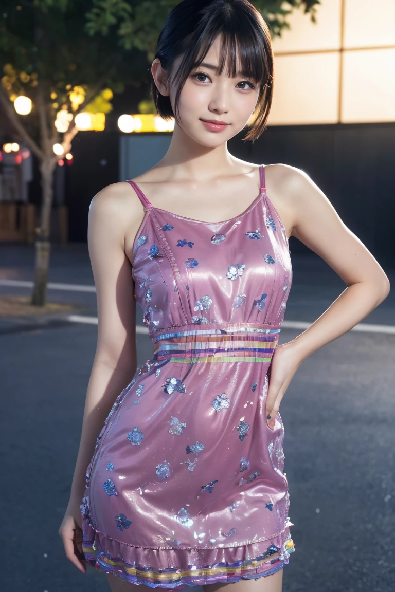 1 Girl, (Wearing a rainbow dress:1.2), (Supercluster), Very beautiful Japanese idol portraits, (RAW Photos, Highest quality), (Realistic, Realistic:1.4), (masterpiece), Very delicate and beautiful, Very detailed, 2k wallpaper, wonderful, finely, Very detailed CG Unity 8K wallpaper, Very detailed, High resolution, Soft Light, Beautiful detailed girl, Very detailed目と顔, Beautiful and sophisticated nose, Beautiful and beautiful eyes, Cinema Lighting, (Fashion magazine photography:1.3), (Outdoor), (night lighting), (Waterfront), (short hair), Complete Anatomy, Slender body, Small , smile