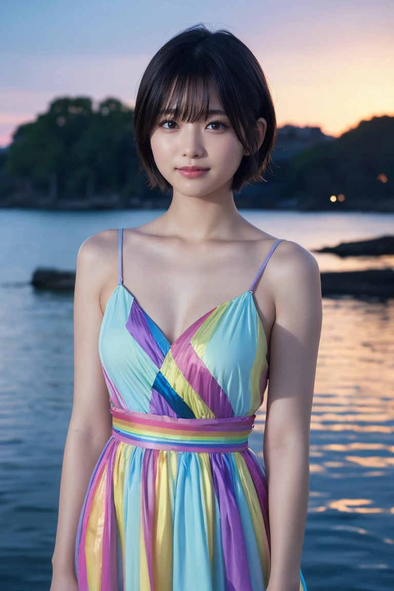 1 Girl, (Wearing a rainbow dress:1.2), (Supercluster), Very beautiful Japanese idol portraits, (RAW Photos, Highest quality), (Realistic, Realistic:1.4), (masterpiece), Very delicate and beautiful, Very detailed, 2k wallpaper, wonderful, finely, Very detailed CG Unity 8K wallpaper, Very detailed, High resolution, Soft Light, Beautiful detailed girl, Very detailed目と顔, Beautiful and sophisticated nose, Beautiful and beautiful eyes, Cinema Lighting, (Fashion magazine photography:1.3), (Outdoor), (night lighting), (Waterfront), (short hair), Complete Anatomy, Slender body, Small breasts, smile