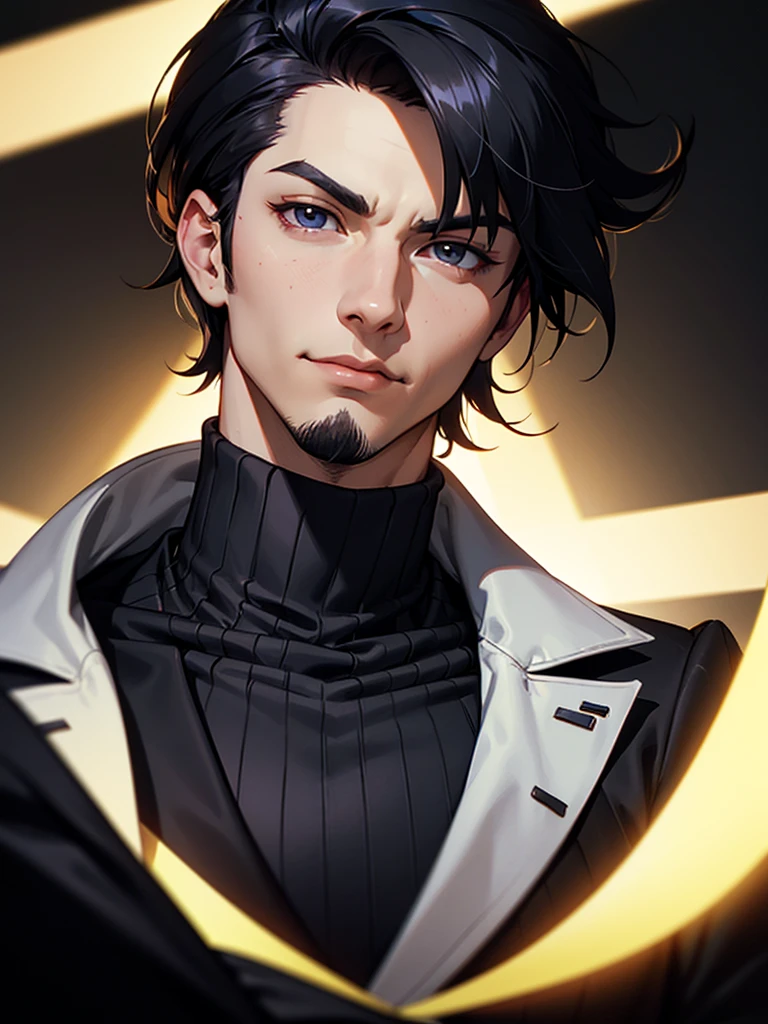 ((Portrait)), He has a Regal, Black-Haired Appearance, with an Athletic, Well-Built Build, and an Authoritarian Aura. He has Light Gray Eyes, and Expresses a Cheerful and Kind Look, Giving Off a Disciplined and Lively Attitude. His hair is Short and Tousled, Slightly Combed Back, with Light Facial Hair. He Wears a Stylish Dark Coat Over a Black Turtleneck Sweater, Giving Him a Sleek and Modern Vibe. ((Portrait, HDR, Dark Background))