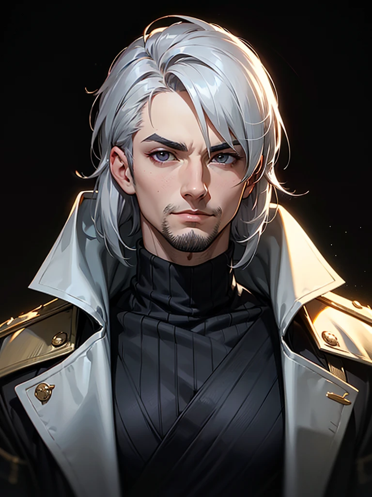 ((Portrait)), He has a Regal, Black-Haired Appearance, with an Athletic, Well-Built Build, and an Authoritarian Aura. He has Light Gray Eyes, and Expresses a Cheerful and Kind Look, Giving Off a Disciplined and Lively Attitude. His hair is Short and Tousled, Slightly Combed Back, with Light Facial Hair. He Wears a Stylish Dark Coat Over a Black Turtleneck Sweater, Giving Him a Sleek and Modern Vibe. ((Portrait, HDR, Dark Background))