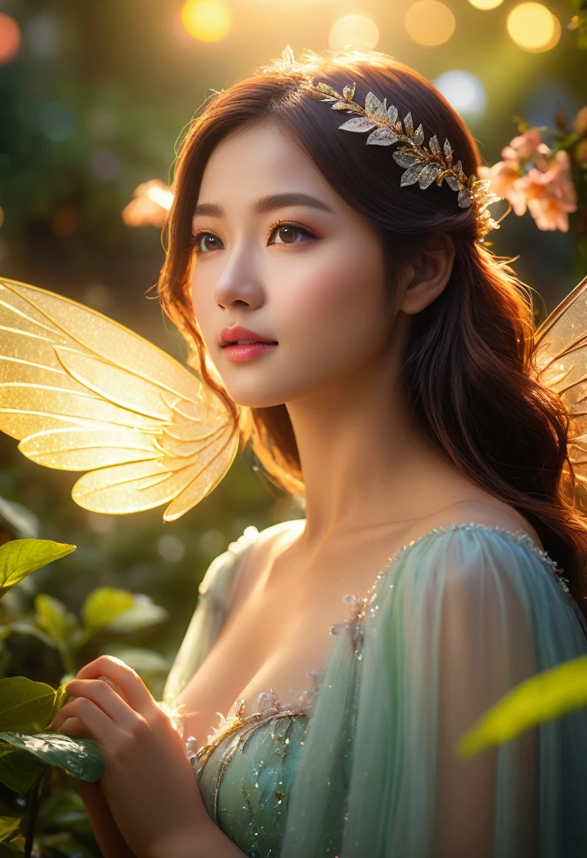 (最high quality, masterpiece, High resolution, shine, flood, Lens glare, Wide angle), Light of the sun,, Soft lighting, ( Bokeh),((shineing transparent wings;1.8)),8K, Ultra HD, Digital single-lens reflex camera, high quality, Volumetric Lighting, Frank, High resolution, 4K, 8K, background garden, Garden of Dreams,Soft lighting, ( Bokeh),,Epic romantic fantasy digital art,Epic fairy tale fantasy digital art,Mythical fantasy,Realistically,Very realistic,Cinema Lighting,Award-winning photo,Rich colors,Ultra-realistic texture,Dramatic lighting,Fairy Girl