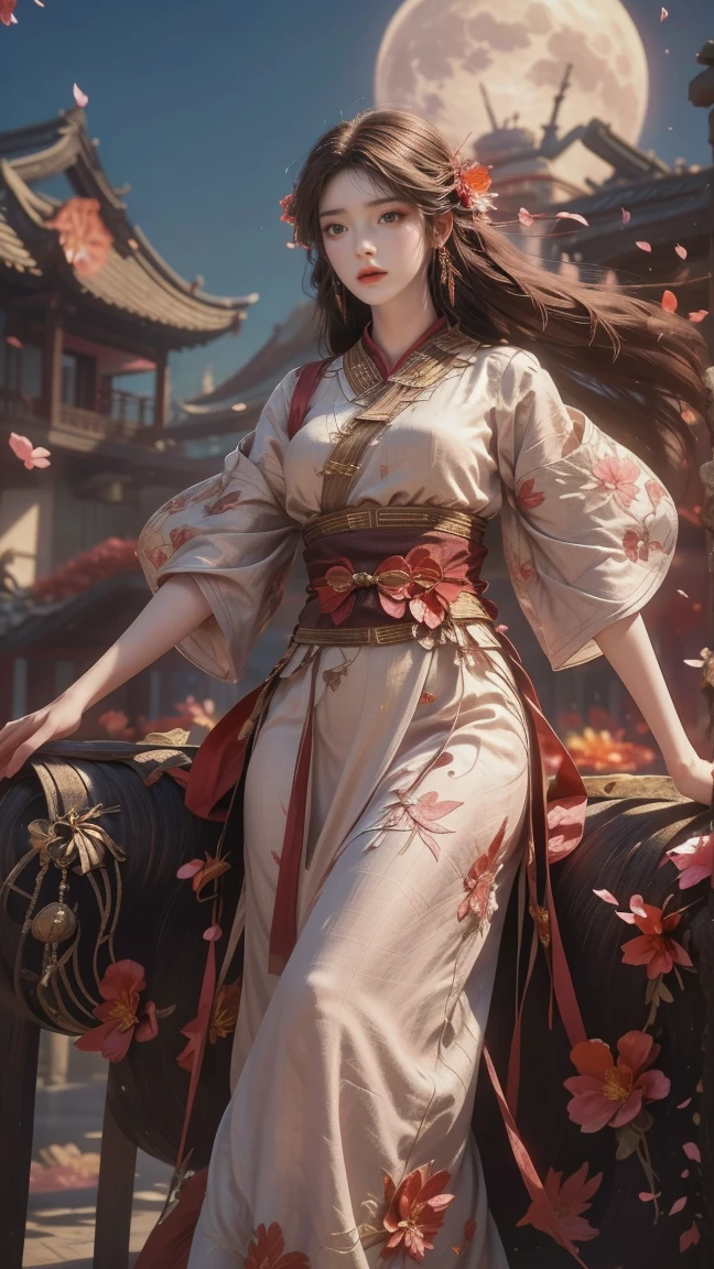 A beautiful woman with perfect curves wearing a long dress that gently flutters in the air,The beautiful woman was standing in a sea of beautiful flowers surrounding her, Chinese traditional, her flexible body increasing with every movement, So enchanting, the dim candlelight, the glowing butterflies fighting the darkness of the night, the light of the moon, The night wind blowing the curtains, the pink flower petals , flower petals flying around the room, Chinese dancing, This woman is so beautiful that she attracts everyone who watches her, ancient China, imperial empress