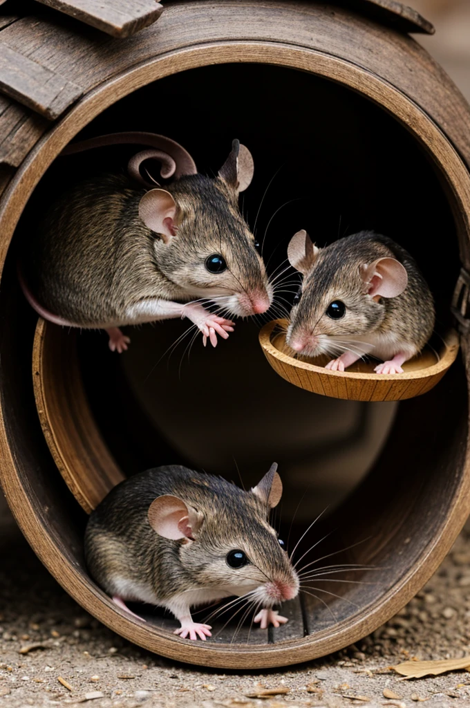 Mouse eating in a wheel accompanied by its owner in the little one