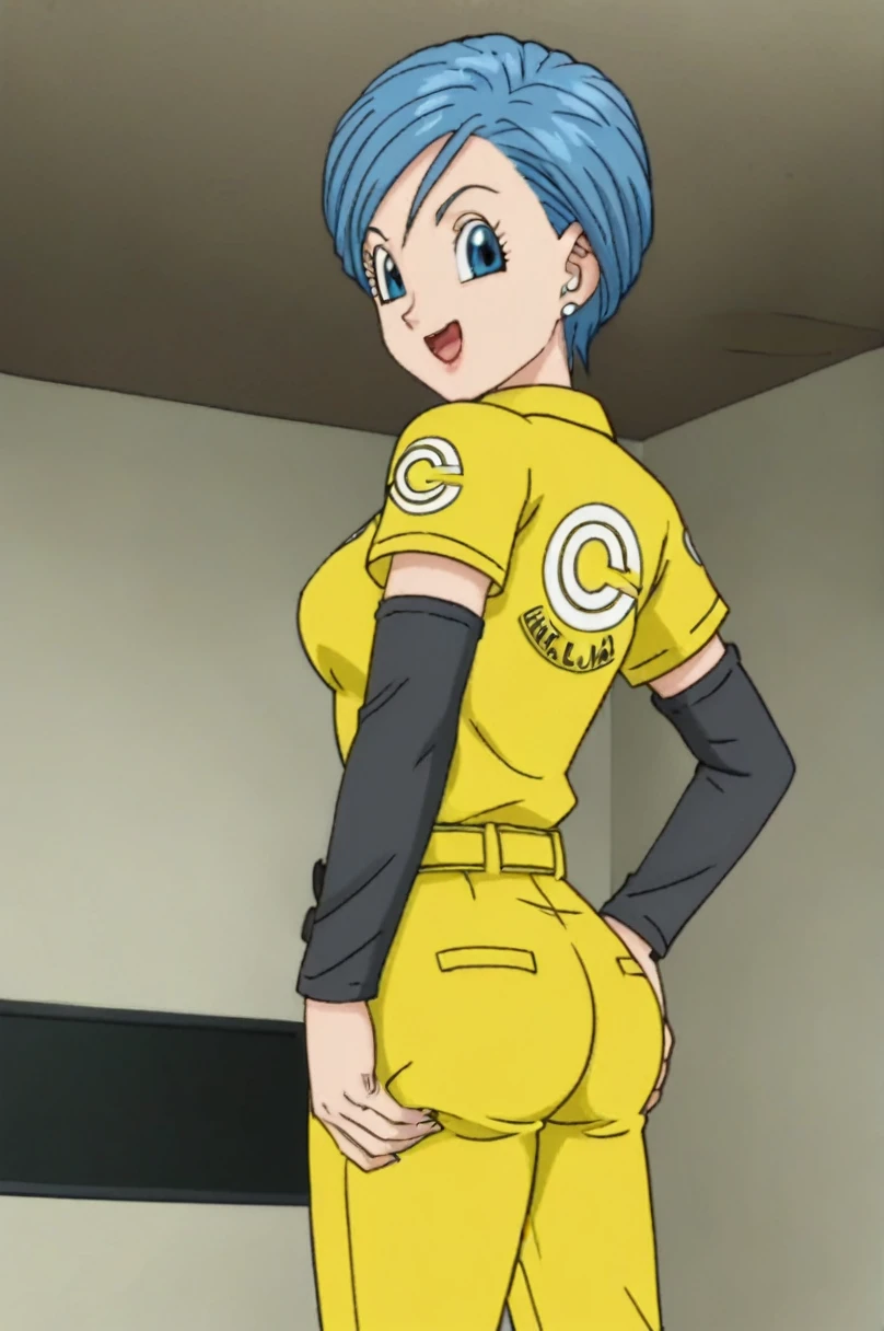 source_anime, score_9, score_8_up, score_7_up, anime screencap,8k, absurd res,
bulma, 1girl, solo, breasts, smile, short hair, open mouth, blue eyes, jewelry, blue hair, earrings, cowboy shot, belt, hand on own ass, looking at ass, yellow jumpsuit, black undershirt, short over long sleeves, layered sleeves, sexy ass, nude, senos medianos