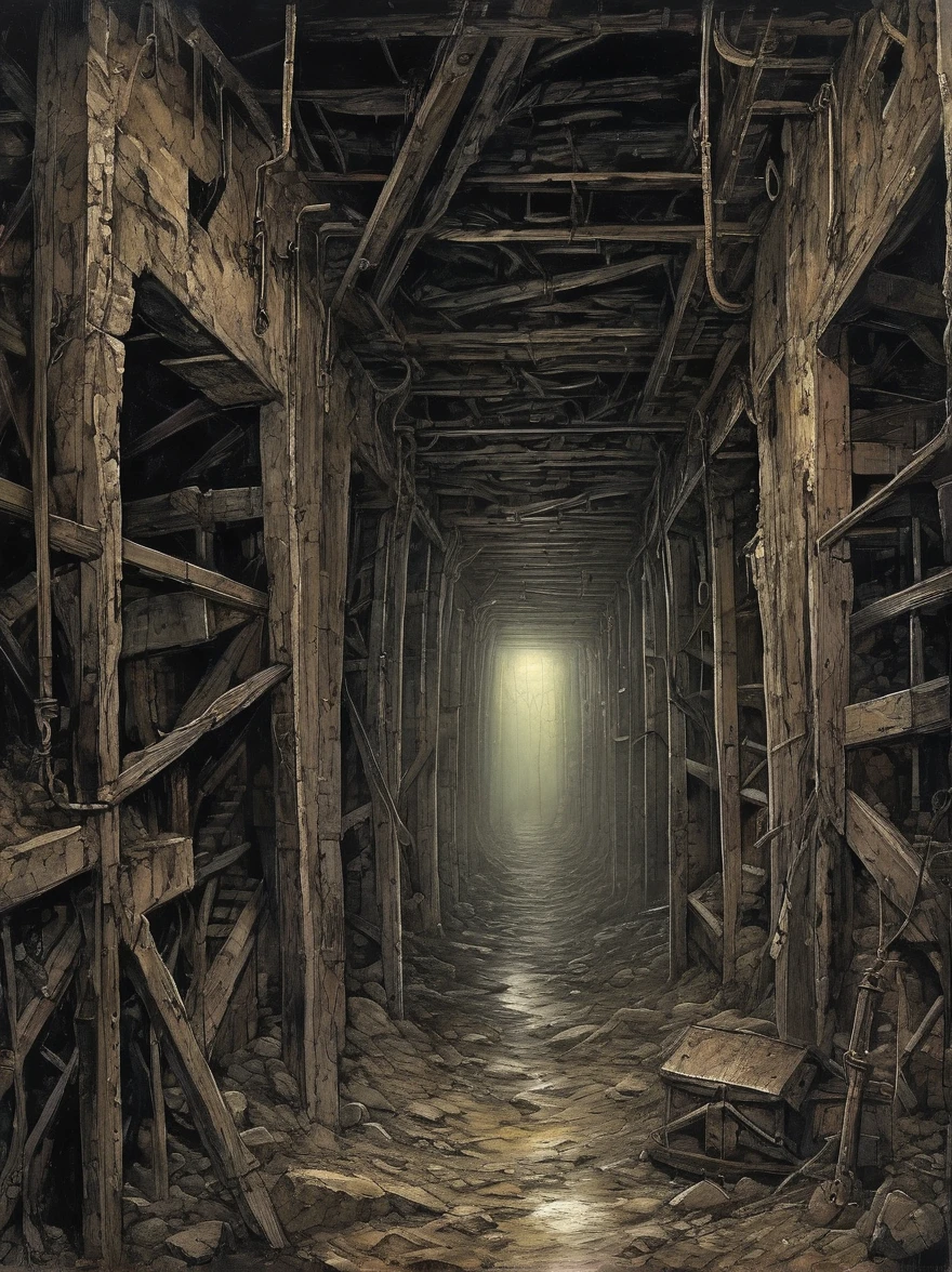 A long-abandoned mine shaft
holds secrets best left
undisturbed. Deep within its
depths, strange noises can be
heard echoing off the walls, and
those who dare to venture inside
often emerge changed, their
minds haunted by visions of
unspeakable horror