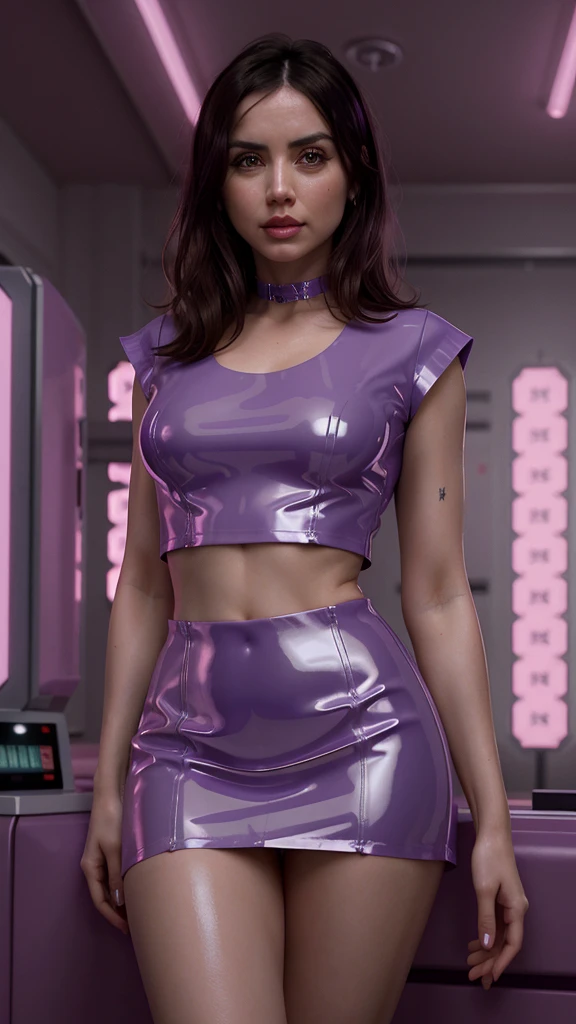 anamr, hyper-realistic in a transparent latex nurse outfit with a pink mini skirt, large breasts, plunging neckline, high heeks boots, cyberpunk, fetish, purple hair, detailed eyes, standing in a clinic holding a syringe,, cinematic lighting, photorealistic, 8k, masterpiece