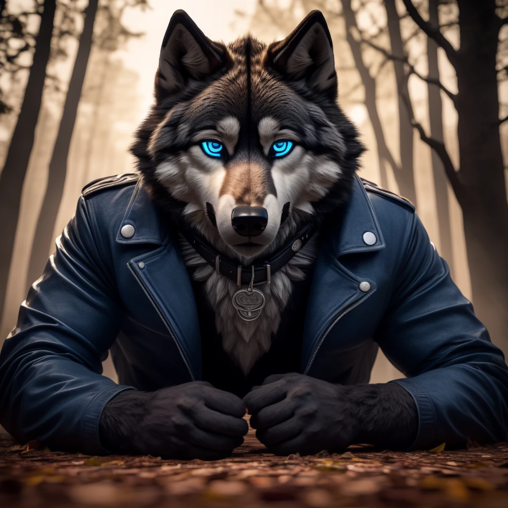1Male, 30 years old, cute, eyeliner, very sad expression, black leather jacket, anthro, sad wolf ears, (black fur:1.5), wolf, forest background, 8k, hi res, (best quality, masterpiece), (wolf tail:1.5), detailed fur, solo, collar, blue jeans, blue eyes, lying down on ground. dynamic angle, ultra-detailed