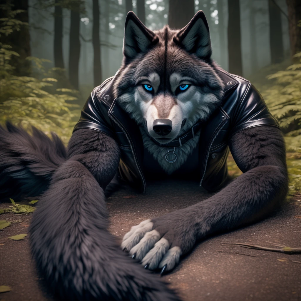 1Male, 30 years old, cute, eyeliner, very sad expression, black leather jacket, anthro, sad wolf ears, (black fur:1.5), wolf, forest background, 8k, hi res, (best quality, masterpiece), (wolf tail:1.5), detailed fur, solo, collar, blue jeans, blue eyes, lying down on ground. dynamic angle, ultra-detailed