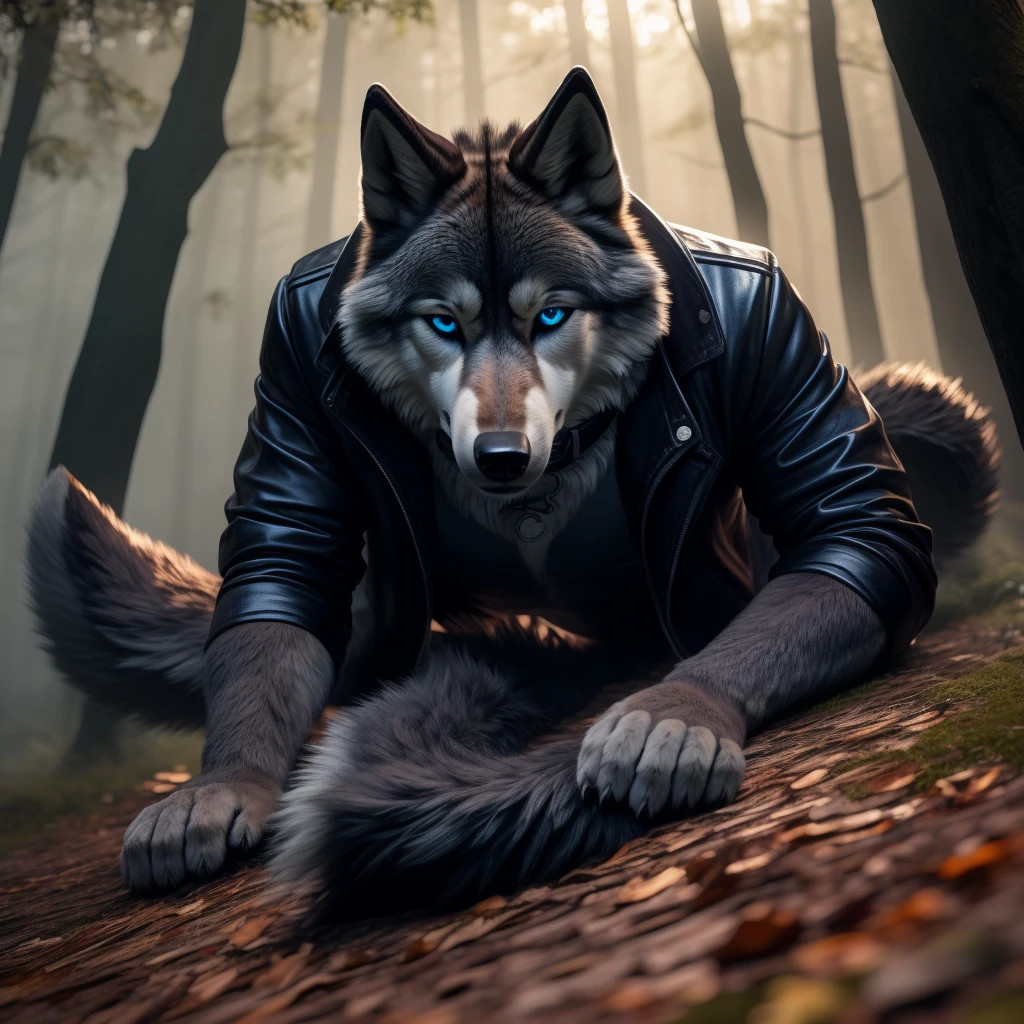 1Male, 30 years old, cute, eyeliner, very sad expression, black leather jacket, anthro, sad wolf ears, (black fur:1.5), wolf, forest background, 8k, hi res, (best quality, masterpiece), (wolf tail:1.5), detailed fur, solo, collar, blue jeans, blue eyes, lying down on ground. dynamic angle, ultra-detailed