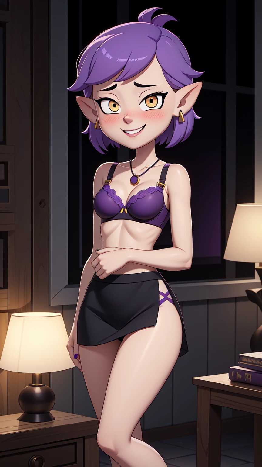 (masterpice, best quality), AmityBlight, short height, young, makeup, black earrings, yellow eyes, short hair, (purple hair:1.4), pointed ears, (((bra))), small breasts, amulet, (tight skirt), standing, looking at viewer, seductive smile, naughty face, nose blush