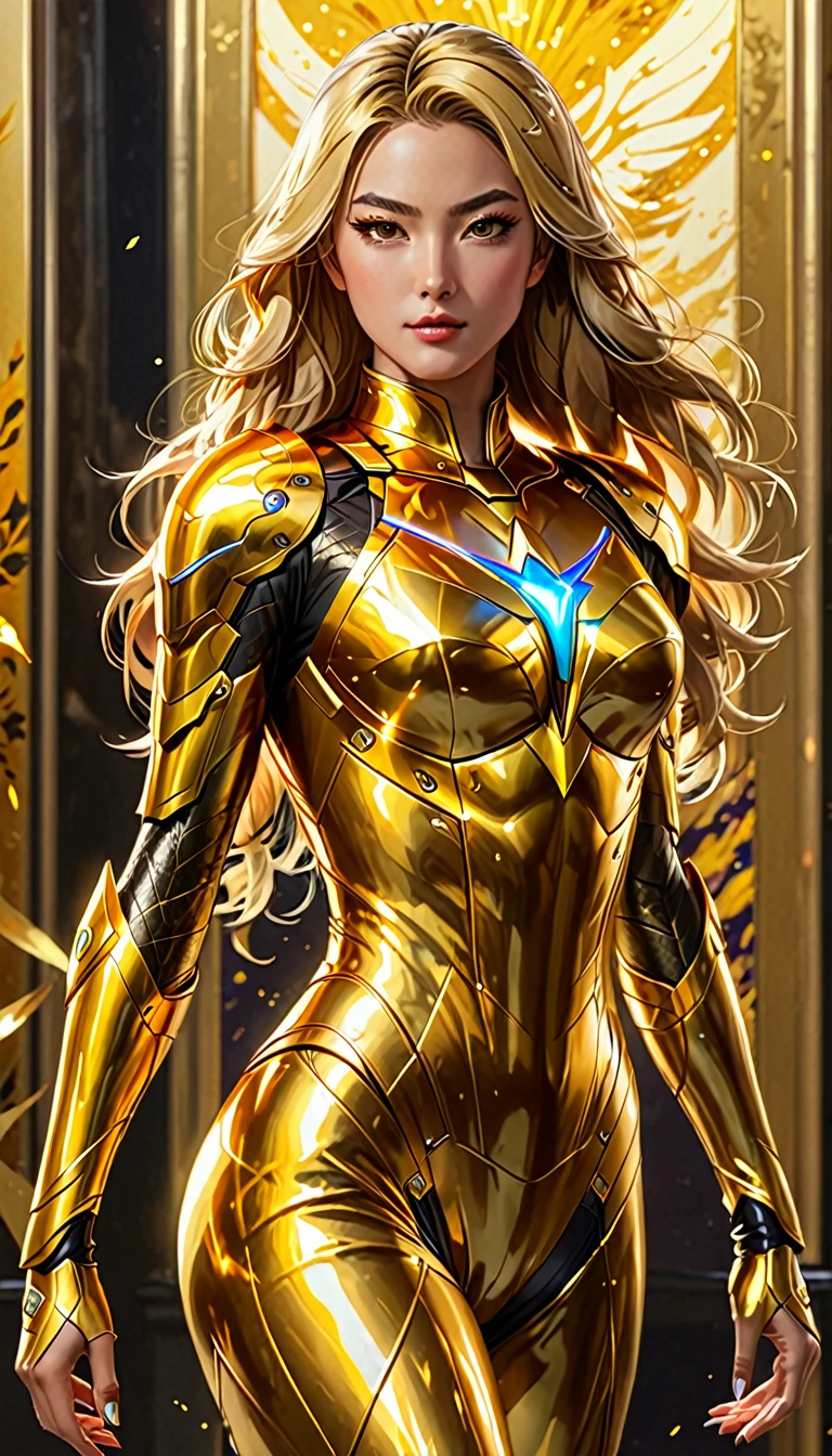 Create an exquisite masterpiece painting of a powerful woman standing with confidence, adorned in a radiant golden hero suit, rendered in a captivating anime style. Ensure the image is presented in 4K resolution, of the highest quality, with HDR and UHD enhancements. Achieve perfect color grading to bring out the vibrant and dynamic essence of the artwork.
