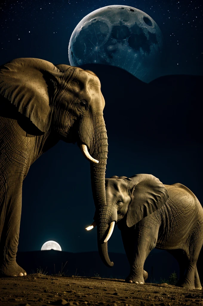 Elephant in dark night in hd and moon