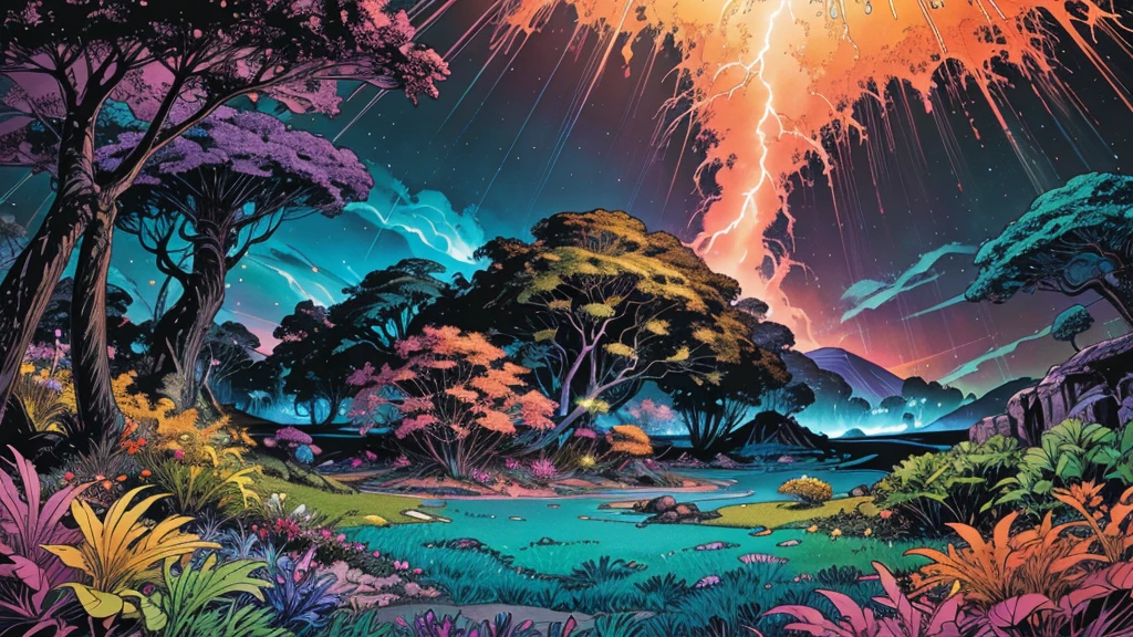 A photorealistic fantastical landscape. The background features floating islands covered in bioluminescent plants, cascading waterfalls of rainbow colors, and giant crystalline structures that refract light. Vibrant colors include deep purples, electric blues, neon pinks, and shimmering golds. The lighting is ethereal, with a soft glow emanating from the plants and crystals. Broad strokes of bright, contrasting colors sweep across the sky, reminiscent of an abstract painting - vibrant oranges, lime greens, and vivid magentas create a striking contrast against the fantastical elements.