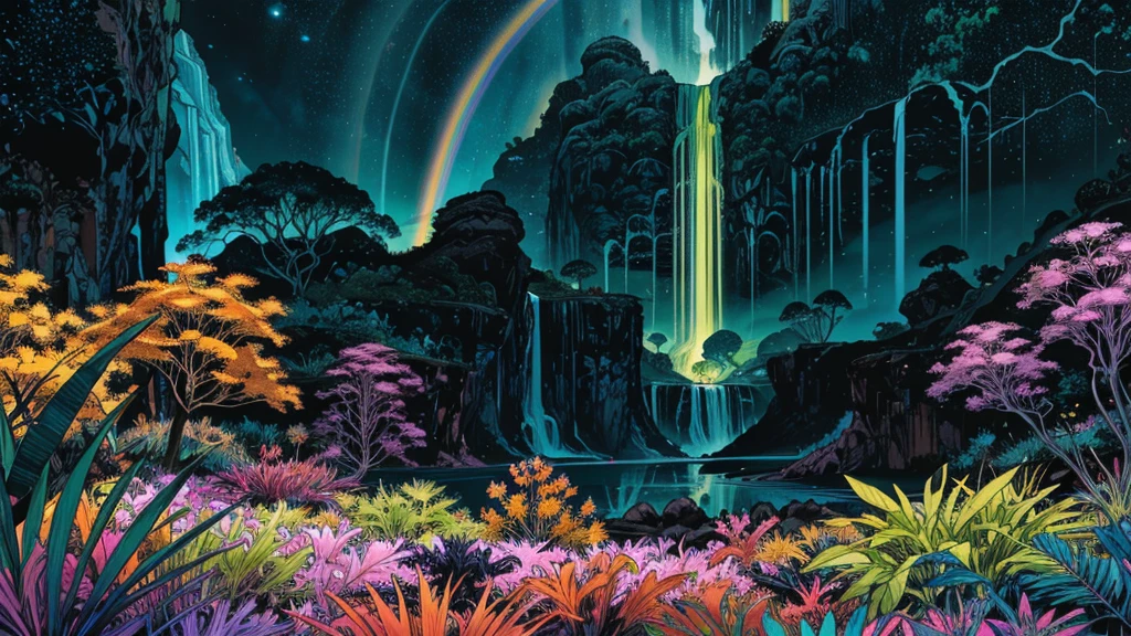 A photorealistic fantastical landscape. The background features floating islands covered in bioluminescent plants, cascading waterfalls of rainbow colors, and giant crystalline structures that refract light. Vibrant colors include deep purples, electric blues, neon pinks, and shimmering golds. The lighting is ethereal, with a soft glow emanating from the plants and crystals. Broad strokes of bright, contrasting colors sweep across the sky, reminiscent of an abstract painting - vibrant oranges, lime greens, and vivid magentas create a striking contrast against the fantastical elements.