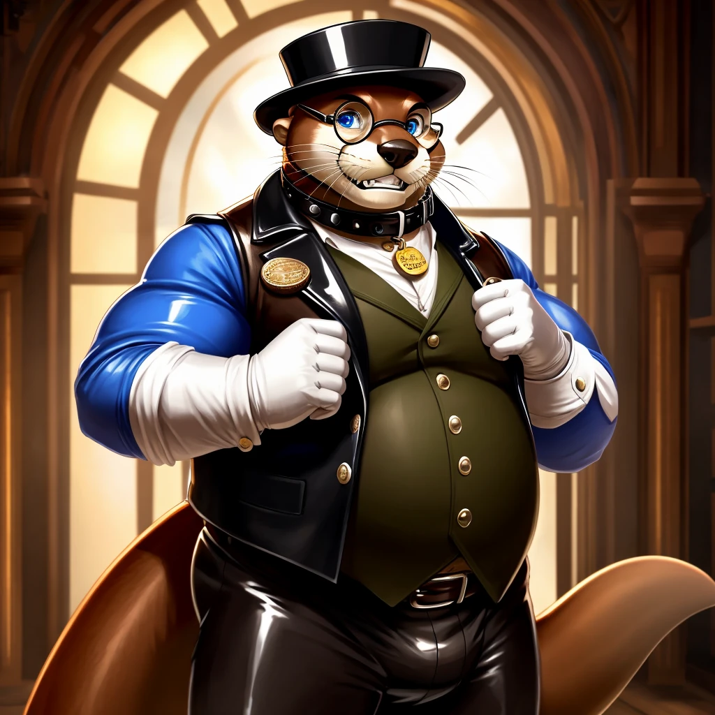 Solo, Male, fat, extremely obese, gentleman, dapper Professor Otter, blue eyes, (posing:1.3), (soft shading), 4k, hi res, ((detailed face, detailed)), looking at viewer, mouth wide open, steampunk, collared shirt with buttons, top hat, male focus, Explorer Outfit, glasses, monocle, vest with buttons, sleeves rolled up, round eyewear, brown headwear, brown vest, Otter is wearing a glossy leather dog collar around the neck, Otter is wearing the leather collar and shirt and vest at the same time, Otter is wearing glossy white rubber gloves on the hands, wearing white rubber gloves on the feet, gloves are rubber in texture, clenching teeth, clenching fists, leather collar is glossy and shiny with a lot of detail, Otter is wearing gloves and leather collar at the same time, leather collar has a round dog-tag, leather collar is thick and detailed, leather collar is glossy and shiny, fancy clothing, dapper vest, dapper shirt, leather collar is thick.