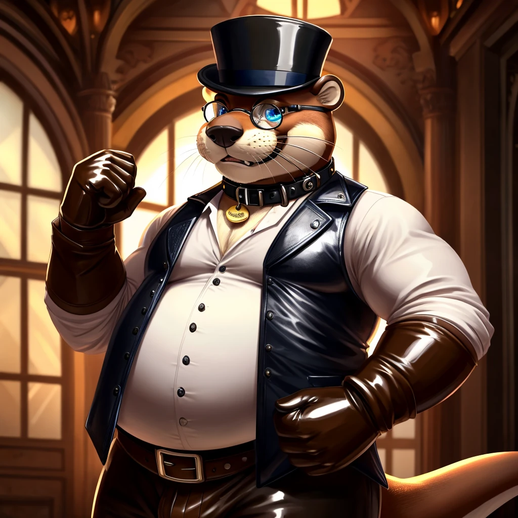 Solo, Male, fat, extremely obese, gentleman, dapper Professor Otter, blue eyes, (posing:1.3), (soft shading), 4k, hi res, ((detailed face, detailed)), looking at viewer, mouth wide open, steampunk, collared shirt with buttons, top hat, male focus, Explorer Outfit, glasses, monocle, vest with buttons, sleeves rolled up, round eyewear, brown headwear, brown vest, Otter is wearing a glossy leather dog collar around the neck, Otter is wearing the leather collar and shirt and vest at the same time, Otter is wearing glossy white rubber gloves on the hands, wearing white rubber gloves on the feet, gloves are rubber in texture, clenching teeth, clenching fists, leather collar is glossy and shiny with a lot of detail, Otter is wearing gloves and leather collar at the same time, leather collar has a round dog-tag, leather collar is thick and detailed, leather collar is glossy and shiny, fancy clothing, dapper vest, dapper shirt, leather collar is thick.
