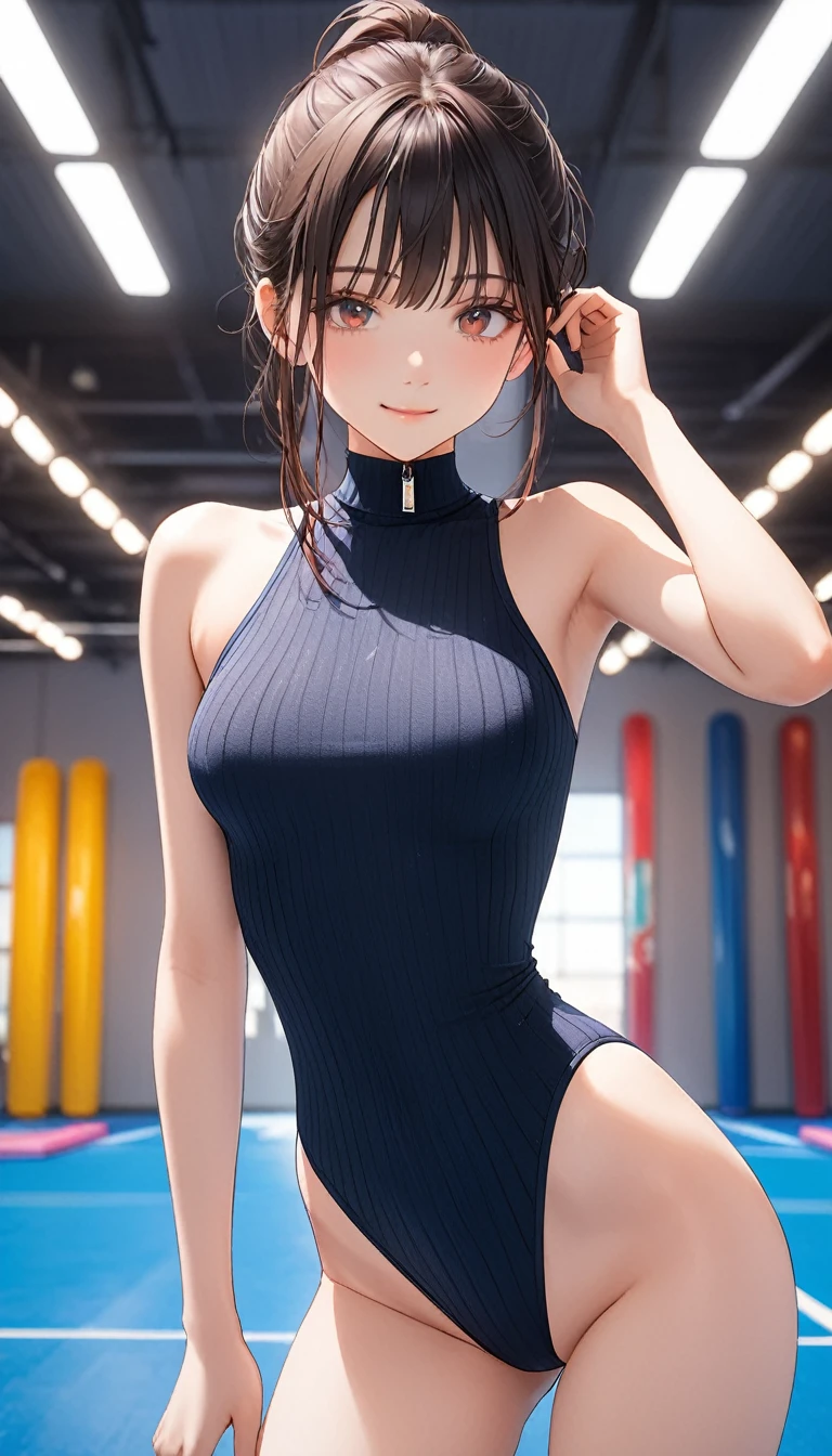 highquality illustration, masterpiece, very delicate and beautiful, attractive girl,(colorful leotard, heattech leotard,tight leotard,long_sleeve leotard,ribbed leotard,high_leg leotard,turtleneck leotard), thin,slender body,slim,gymnastics club,gymnastics athlete,bare legs,gymnasium background,beautiful eyes, light smile,(masterpiece, best quality:1.2), highres, extremely detailed CG unity 8k wallpaper, perfect lighting, Colourful, ultra-high res,4K,ultra-detailed, photography, 8K, HDR, 17 ages,cowboy shot,