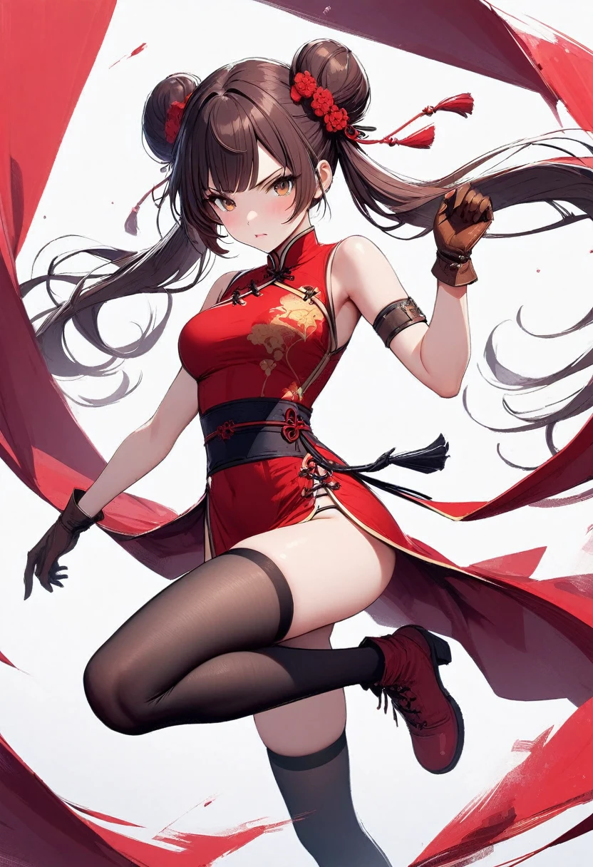 masterpiece, best quality, 1girl, solo, thighhighs, chinese-clothes, gloves, very-long-hair, dress, hair-bun, twintails, china-dress, red-dress, double-bun, black-thighhighs, brown-hair, brown-eyes, full-body, red-footwear, pelvic-curtain, looking-at-viewer, bandages, blush, standing, breasts, bangs, armlet, sleeveless, fighting-stance, sleeveless-dress, brown-gloves, bare-shoulders, v-shaped-eyebrows, bandaged-arm, side-slit, leg-up, medium-breasts, gradient-hair, boots, ankle-boots, floating-hair, closed-mouth, simple-background, hand-up, blunt-bangs, sash