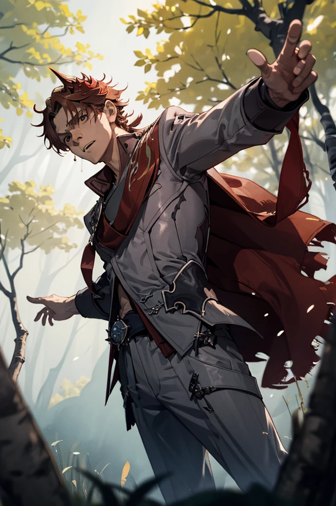 1 male solo, dynamic pose, cinematic shot, orande hair, red mask on side of the head, grey jacket, red scarf, cinematic shot, dramatic light, birch tree forest