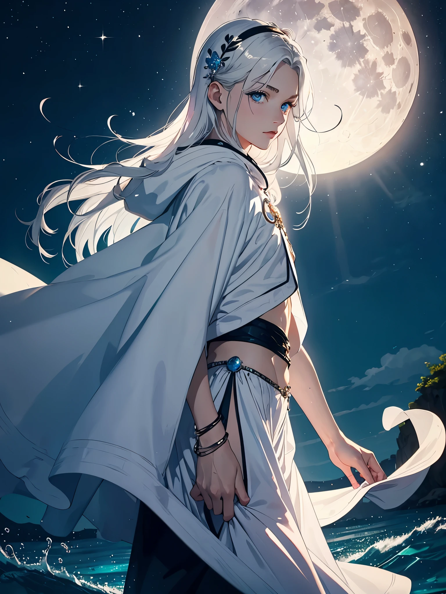 Weiblicher. Brüste.  Long hair. long white hair. aquatic, boy, Goddess of the Moon, silver hair accessories, White hair, White dress, cape, at night, saturated colors, light eyes, bright, light blue light, blue eyes, Jewelry silver, bluish light, Full moon in the background, aquatic in der Luft rosa kerzen