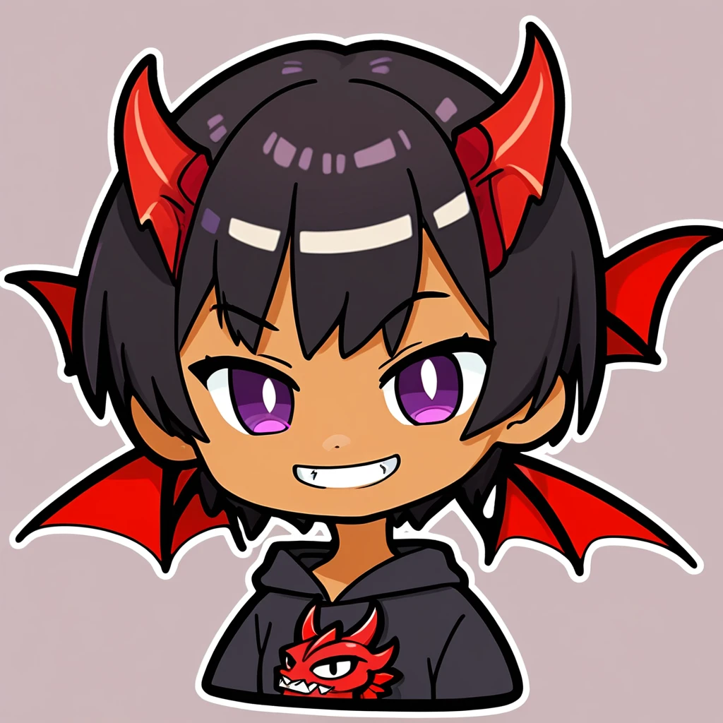 (flat cell shaded:1.1), girl, chibi, , short black hair, purple eyes, red dragon , choker, black oversized hoodie, tan skin, simple background, portrait, (sticker:0.75), smirk snaggle tooth, red dragon wings , and red tail