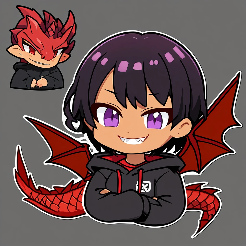 (flat cell shaded:1.1), girl, chibi, , short black hair, purple eyes, red dragon , choker, black oversized hoodie, tan skin, simple background, portrait, (sticker:0.75), smirk snaggle tooth, red dragon wings , and red tail