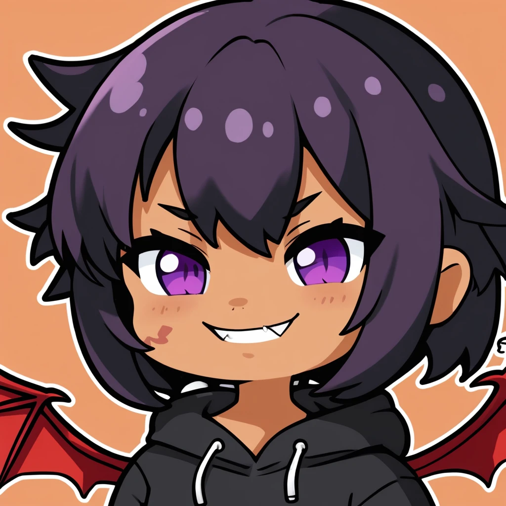 (flat cell shaded:1.1), girl, chibi, , short black hair, purple eyes, red dragon , choker, black oversized hoodie, tan skin, simple background, portrait, (sticker:0.75), smirk snaggle tooth, red dragon wings , and red tail