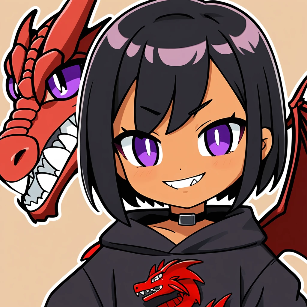 (flat cell shaded:1.1), girl, chibi, , short black hair, purple eyes, red dragon , choker, black oversized hoodie, tan skin, simple background, portrait, (sticker:0.75), smirk snaggle tooth, red dragon wings , and red tail