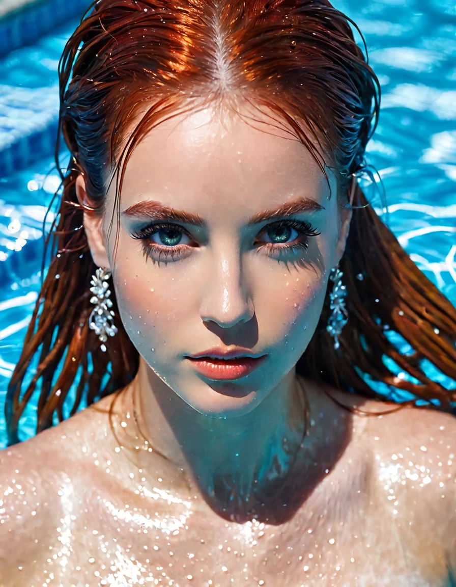 ultra realistic, photography, long red hair, girl, 24 years old, (From a straight above), female is standing in the pool, her lower body is submerged in the water and her upper body is wet, her skin is wet, her hair is wet, her eyes gazing up toward the camera. She exuded confidence and elegance, with every aspect of her appearance meticulously styled. Her face was adorned with flawless makeup—mascara, eyeliner, and striking eye shadow that enhanced her captivating gaze. Long, fluttering lashes added a touch of allure. bright eyes, cleavage Her ears shimmered with elegant earrings, complementing her stylish hairstyle, which was expertly arranged to showcase her beauty. The teacher's attire exuded professionalism and sophistication, while still maintaining a touch of glamour. She wore a tight white shirt which got wet and sheer. The scene unfolded, creating a contrast between the glamorous teacher and her surroundings. Despite the unconventional location, her presence exuded confidence and a sense of authority. From this birds-eye perspective, she appeared as a beacon of knowledge, ready to impart wisdom and inspire her students with her undeniable grace and beauty. beautiful detailed nose, beautiful detailed thigh, (beautiful detailed eyes), (complete perfect body), abs, perfect body proportion, (looking at viewer), (CLOSE UP)