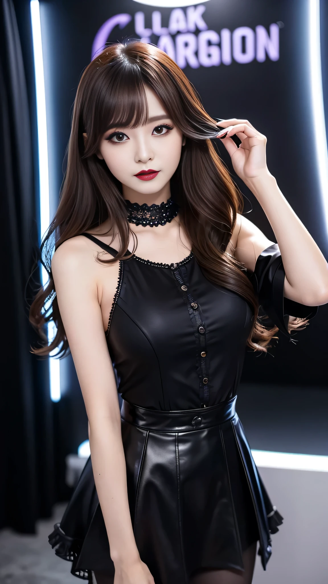 best quality、ultra-detailed、、Japanese、Japanese、Seductive beauty、seductive adult woman、Pretty Woman、cool girl、smirk、Wicked Smile、Villainess、brainwash makeup、Brainwashed、brainwash、Fallen into evil、Evil look、evil、Brown hair、wavy hair、swept bangs、dark makeup、piercing eyes、hollow eyes,half-closed eyes、Hollow Eyes、purple Eyeshadow、black lipstick、black lipglos、black elegant dress、wide sleeve、Black flared skirt、skin color pantyhose、stockings、night、inside darkroom、hand hold pantyhose、Are standing、Look、Offer、shoot from below、Swear allegiance、I have pledged my allegiance、