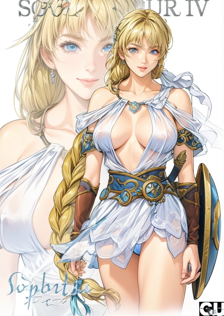 perfect eyes:1.2, detailed eyes:1.4, SoulCaliburSophitia, blue eyes, blonde hair, large breasts, hair ornament, smile, covered nipples, transparent clothes, see through, white dress, long hair, shield, braided ponytail, 1girl, solo, (masterpiece:1.6, best quality), 8k, insane details, intricate details, hyperdetailed, hyper quality, high detail, ultra detailed, professional, HDR, ray tracing reflection, cinematic lighting,