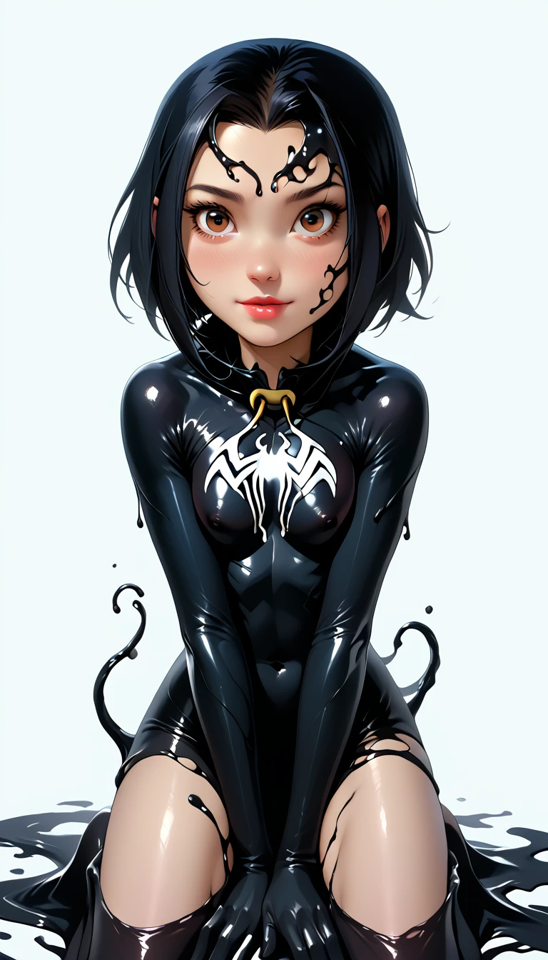 sexy female character art, (hews art style:0.7), score_9, score_8_up, score_7_up, score_6_up, uncensored, Jadechan being taken over by She-Venom, short black hair, dark hair, forehead, brownish-red eyes, BREAK (masterpiece:1.2), best quality, high resolution,(detailed eyes:1.3), perfect lighting,(perfect hands, perfect anatomy), large breasts, venom_assimilation, transformation, dehumanization, kneeling, corruption, (digital painting, concept art, smooth, sharp focus, intricate details, UHD, masterpiece: 1.2), accentuated nipples, slim and busty body type, pro-style digital_illustion from pivix, bratty, clean youthful face, teen-like, innocent face, Jackie_Chan_Adventures/Venom crossover, blank background,