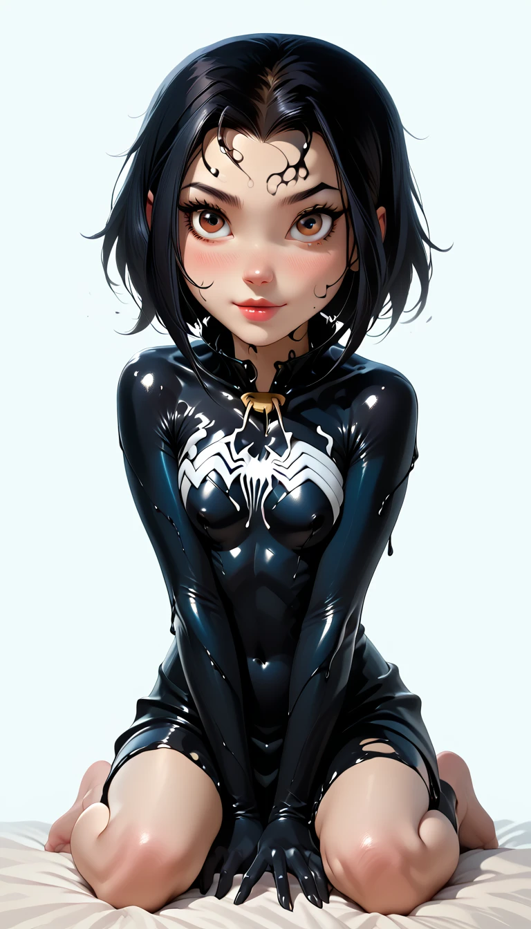 sexy female character art, (hews art style:0.7), score_9, score_8_up, score_7_up, score_6_up, uncensored, Jadechan being taken over by She-Venom, short black hair, dark hair, forehead, brownish-red eyes, BREAK (masterpiece:1.2), best quality, high resolution,(detailed eyes:1.3), perfect lighting,(perfect hands, perfect anatomy), large breasts, venom_assimilation, transformation, dehumanization, kneeling, corruption, (digital painting, concept art, smooth, sharp focus, intricate details, UHD, masterpiece: 1.2), accentuated nipples, slim and busty body type, pro-style digital_illustion from pivix, bratty, clean youthful face, -like, innocent face, Jackie_Chan_Adventures/Venom crossover, blank background,