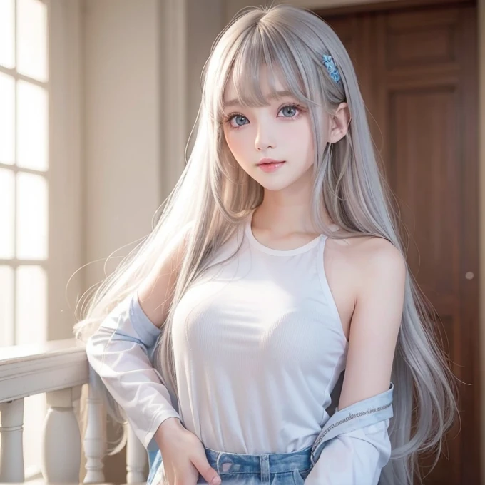 silver shiny hair、Super long straight silky hair、Dazzling blonde super long silky hair、16 years old cute little beautiful face、A beautiful girl、Sparkling blonde dancing in front of a pretty face、Long, silky bangs that cover the space between the eyes、Very beautiful, bright, large, light blue eyes、Very big eyes、Hair that hides the face、Sexy pretty young woman with super long bangs、Very white skin、Cheek gloss highlighter、Small Face Beauty、Round face、Cute Shirts、Ample Bust, embarrassed face、Skinny jeans and t-shirt、Smiling Face、