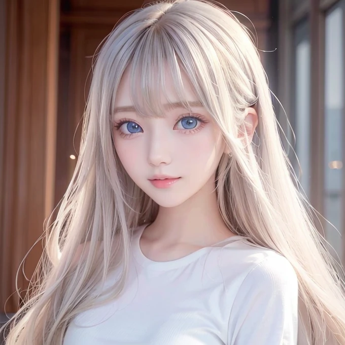 silver shiny hair、Super long straight silky hair、Dazzling blonde super long silky hair、16 years old cute little beautiful face、A beautiful girl、Sparkling blonde dancing in front of a pretty face、Long, silky bangs that cover the space between the eyes、Very beautiful, bright, large, light blue eyes、Very big eyes、Hair that hides the face、Sexy pretty young woman with super long bangs、Very white skin、Cheek gloss highlighter、Small Face Beauty、Round face、Cute Shirts、Ample Bust, embarrassed face、Skinny jeans and t-shirt、Smiling Face、