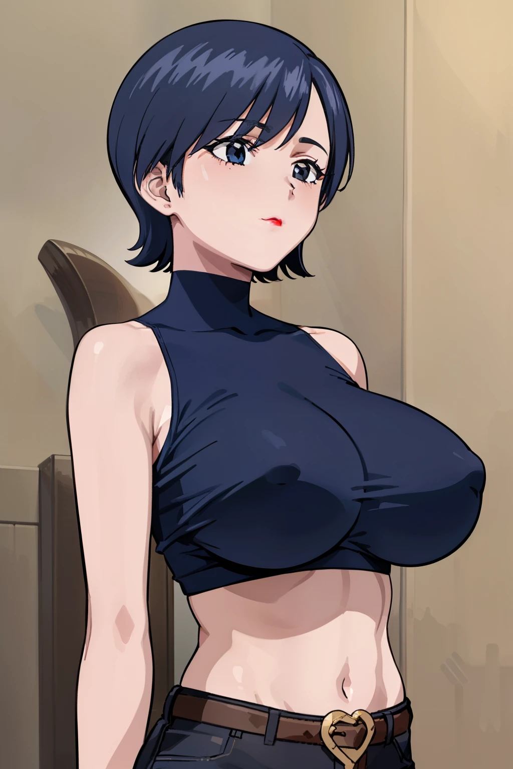 (beautiful detailed eyes, beautiful detailed hair, perfect detailed body), mikictr, 1girl, solo, black eyes, short hair, closed mouth, lipstick, blush, sagging large breasts, crop top, no bra, midriff, navel, upper body:1.5, standing, belt, blue short shorts, simple background