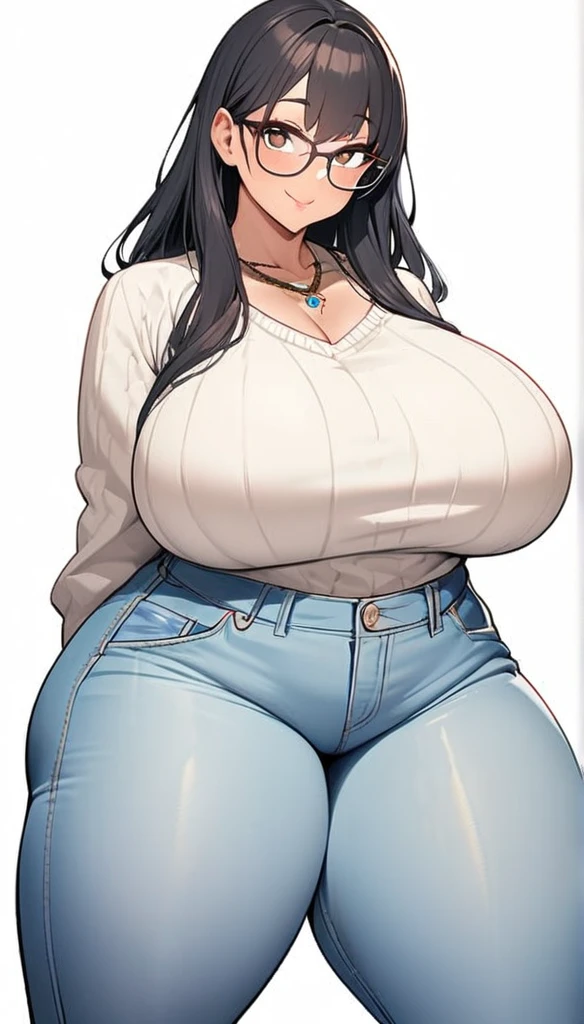 1girl,solo,Mature Woman,Black Hair,long hair,brown eyes color,Glasses,mother,gentle,kind face,Super huge breasts,Flabby thighs,Whipped thighs,huge ass,white knit with vertical lines accentuating the lines of the body,jeans that accentuate the body's curves,necklace,standing up,Looking at this,Emphasis on the buttocks,Inclusive,White background,best quality, ultra detailed), intricate details,perfect eyes