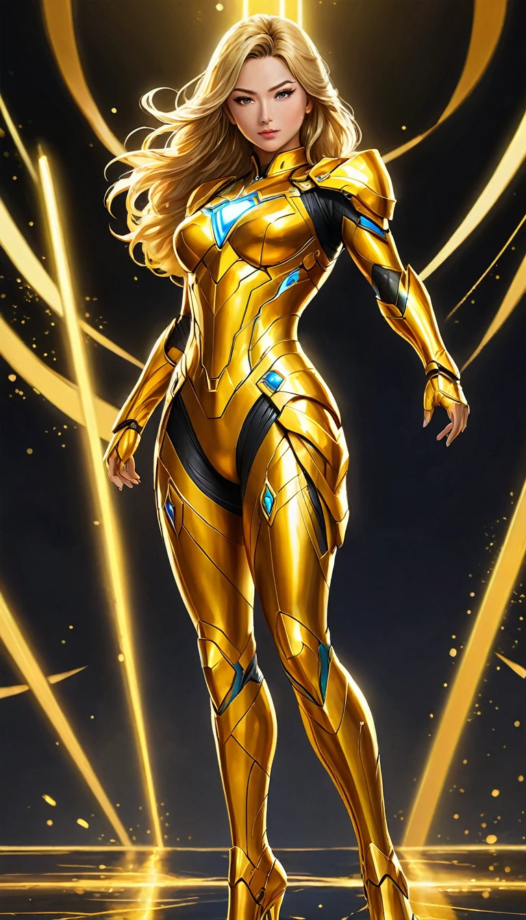 Create an exquisite masterpiece painting of a powerful woman standing with confidence, adorned in a radiant golden hero suit, rendered in a captivating anime style. Ensure the image is presented in 4K resolution, of the highest quality, with HDR and UHD enhancements. Achieve perfect color grading to bring out the vibrant and dynamic essence of the artwork.