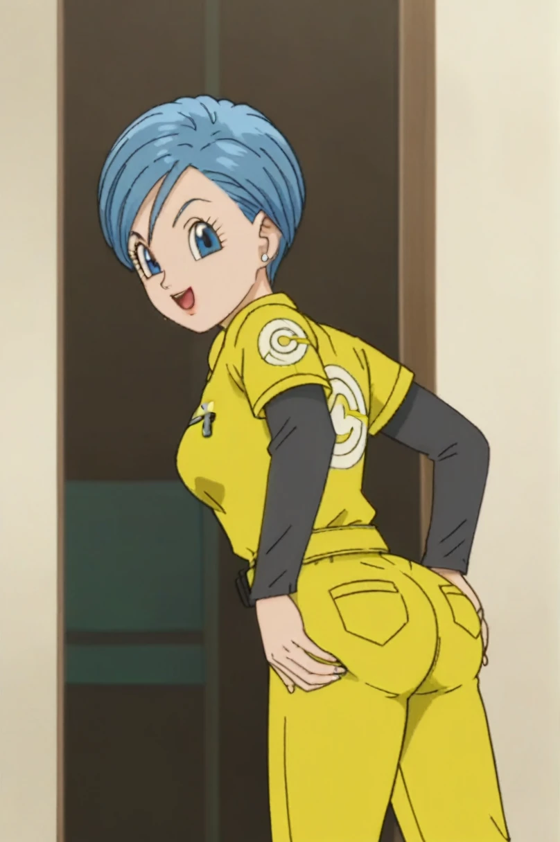 source_anime, score_9, score_8_up, score_7_up, anime screencap,8k, absurd res, 
bulma, 1girl, solo, breasts, smile, short hair, open mouth, blue eyes, jewelry, blue hair, earrings, cowboy shot, belt, hand on own ass, looking at ass, yellow jumpsuit, black undershirt, short over long sleeves, layered sleeves, desnuda, nsfw, escasa ropa, pechos medianos, trasero grande, sin ropa
 