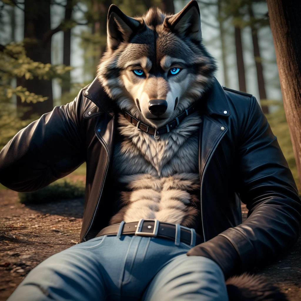 1Male, 30 years old, cute, eyeliner, very sad expression, black leather jacket, anthro, sad wolf ears, (black fur:1.5), wolf, forest background, 8k, hi res, (best quality, masterpiece), (wolf tail:1.5), detailed fur, solo, collar, blue jeans, blue eyes, lying down on ground. dynamic angle, ultra-detailed
