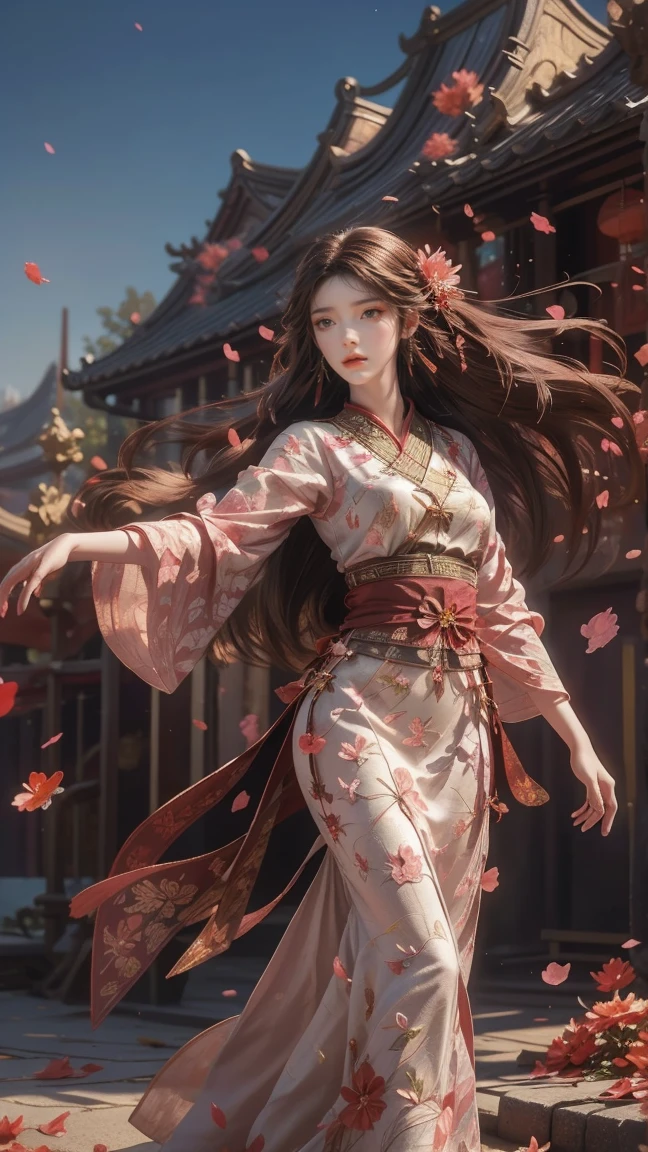 A beautiful woman with perfect curves wearing a long dress that gently flutters in the air,The beautiful woman was standing in a sea of beautiful flowers surrounding her, Chinese traditional, her flexible body increasing with every movement, So enchanting, the dim candlelight, the glowing butterflies fighting the darkness of the night, the light of the moon, The night wind blowing the curtains, the pink flower petals , flower petals flying around the room, Chinese dancing, This woman is so beautiful that she attracts everyone who watches her, ancient China, imperial empress 