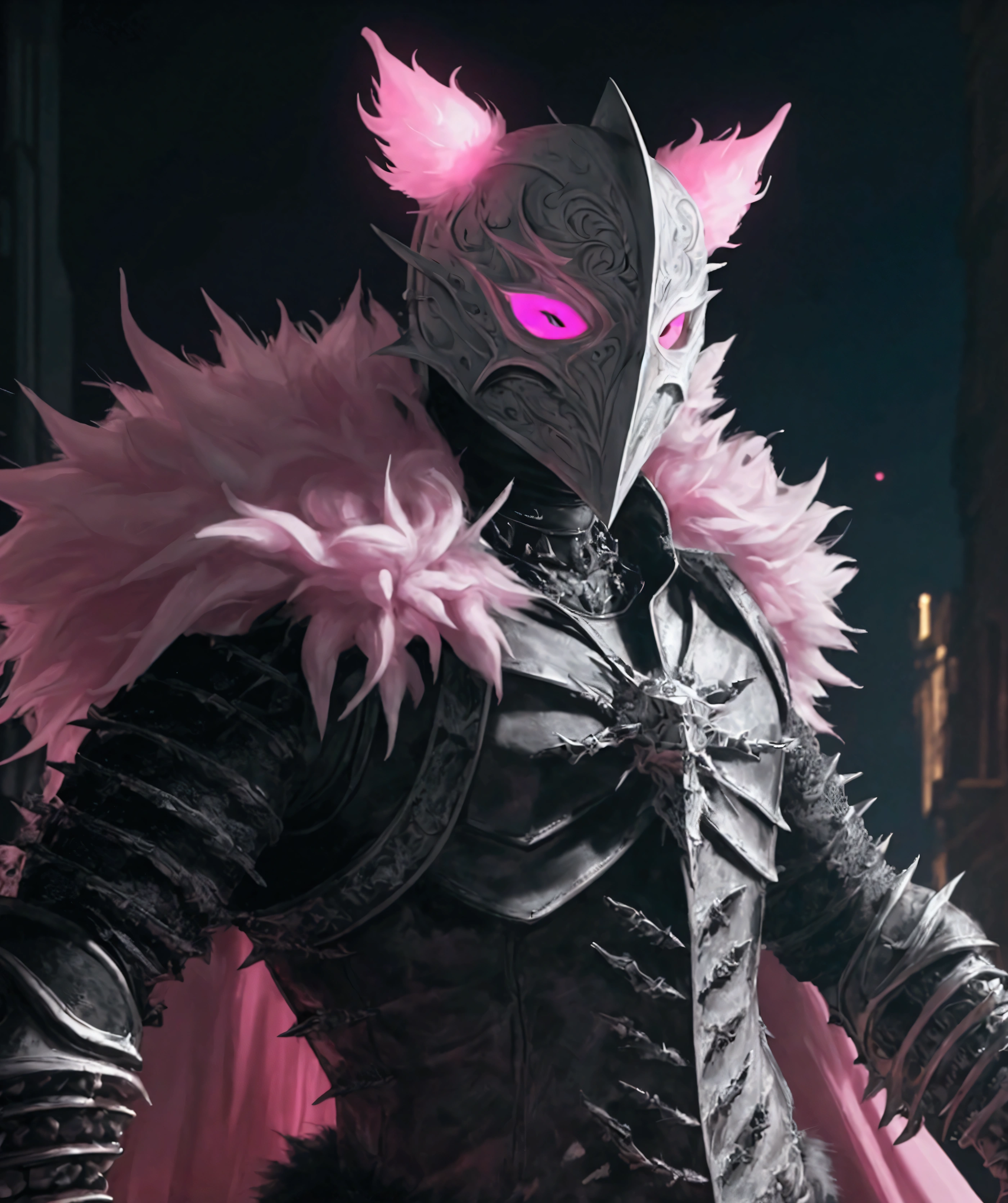 (extremely detailed 8k wallpaper), a medium shot photo of Grim dressed as a scary masked white and pink furry-supervillain in a white and pink spiked armour made of fur glowing armour with spikes from marvel, theme, intricate, high detail, dramatic, furry monster and destroyed buildings in the background