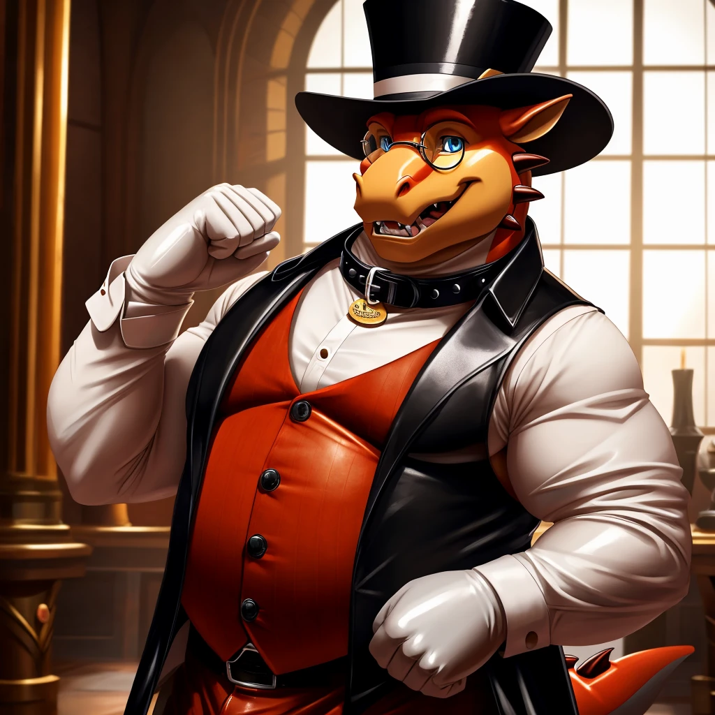 Solo, Male, fat, extremely obese, gentleman, dapper Professor Dragon, blue eyes, (posing:1.3), (soft shading), 4k, hi res, ((detailed face, detailed)), looking at viewer, mouth wide open, steampunk, collared shirt with buttons, top hat, male focus, Explorer Outfit, glasses, monocle, vest with buttons, sleeves rolled up, round eyewear, brown headwear, brown vest, Dragon is wearing a glossy leather dog collar around the neck, Dragon is wearing the leather collar and shirt and vest at the same time, Dragon is wearing glossy white rubber gloves on the hands, wearing white rubber gloves on the feet, gloves are rubber in texture, clenching teeth, clenching fists, leather collar is glossy and shiny with a lot of detail, Dragon is wearing gloves and leather collar at the same time, leather collar has a round dog-tag, leather collar is thick and detailed, leather collar is glossy and shiny, fancy clothing, dapper vest, dapper shirt, leather collar is thick.