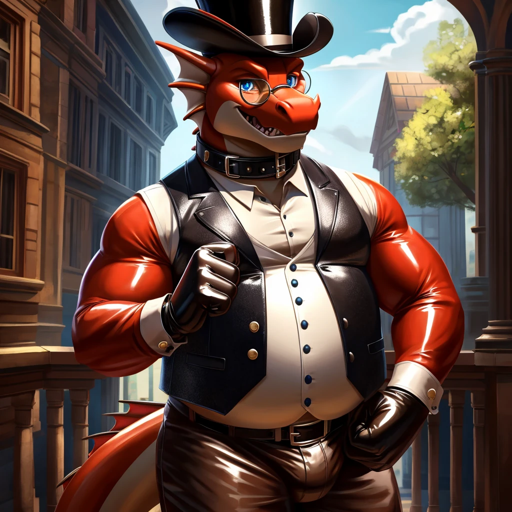 Solo, Male, fat, extremely obese, gentleman, dapper Professor Dragon, blue eyes, (posing:1.3), (soft shading), 4k, hi res, ((detailed face, detailed)), looking at viewer, mouth wide open, steampunk, collared shirt with buttons, top hat, male focus, Explorer Outfit, glasses, monocle, vest with buttons, sleeves rolled up, round eyewear, brown headwear, brown vest, Dragon is wearing a glossy leather dog collar around the neck, Dragon is wearing the leather collar and shirt and vest at the same time, Dragon is wearing glossy white rubber gloves on the hands, wearing white rubber gloves on the feet, gloves are rubber in texture, clenching teeth, clenching fists, leather collar is glossy and shiny with a lot of detail, Dragon is wearing gloves and leather collar at the same time, leather collar has a round dog-tag, leather collar is thick and detailed, leather collar is glossy and shiny, fancy clothing, dapper vest, dapper shirt, leather collar is thick.