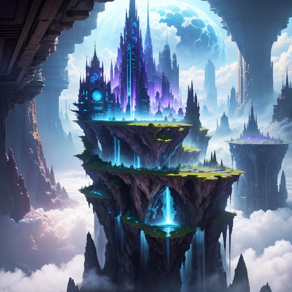 A huge fantastical sci-fi city, aether city, floating aerial metropolis,Skyscrapers、Huge construction,Super huge waterfall,mysterious,Fantasy, towering skyscrapers, massive waterfall, celestial planets in the sky, surrounded by clouds, cosmic architecture, violet energy scars around, central massive castle, astral sky